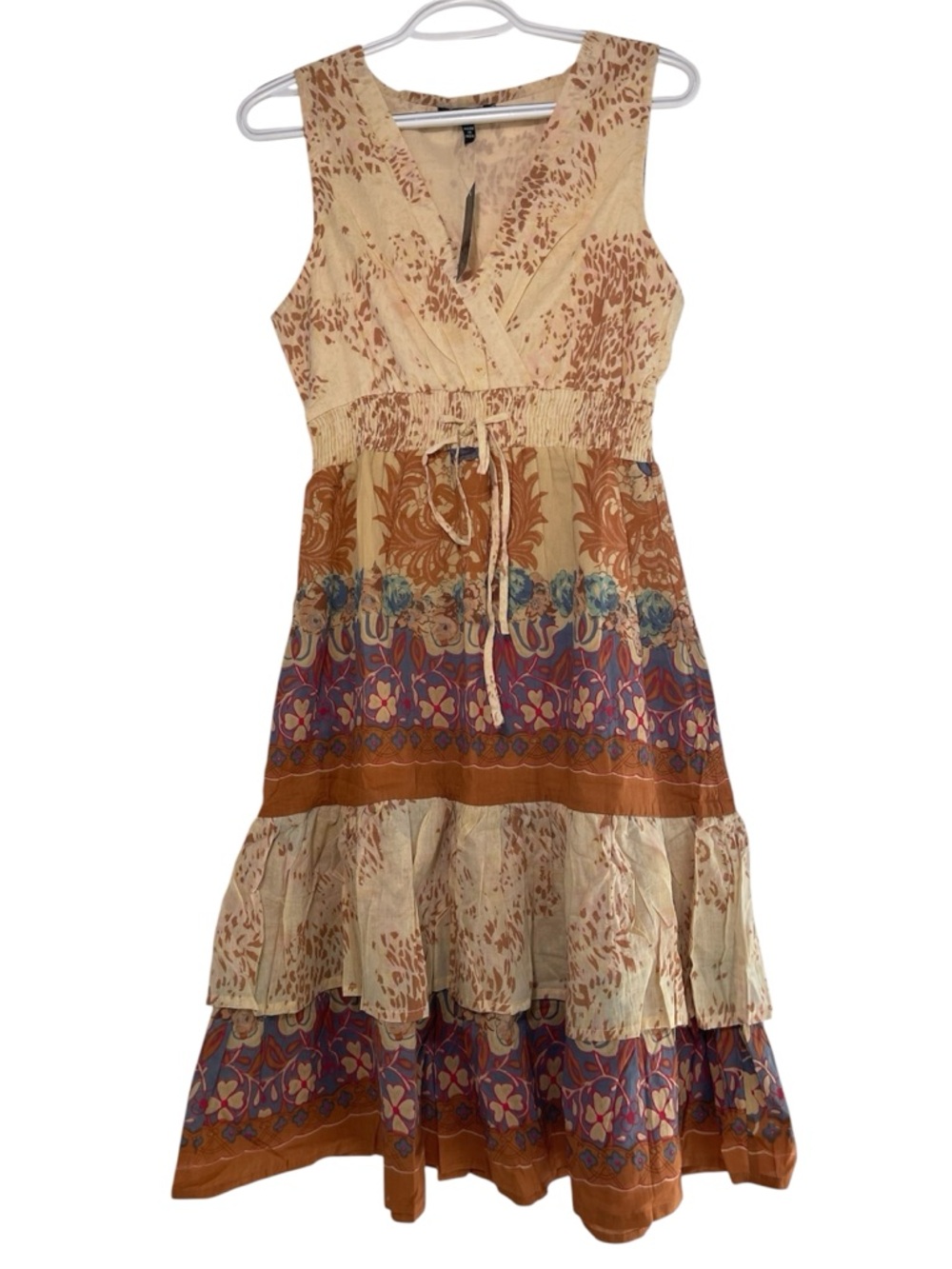 Chaudry KC Women’s Boho Tiered Midi Dress in Beige and Rust Floral Size L NWT